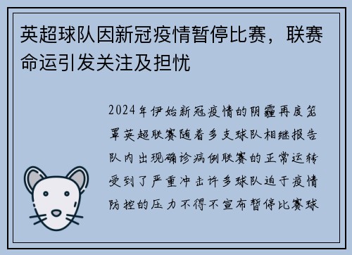 英超球队因新冠疫情暂停比赛，联赛命运引发关注及担忧