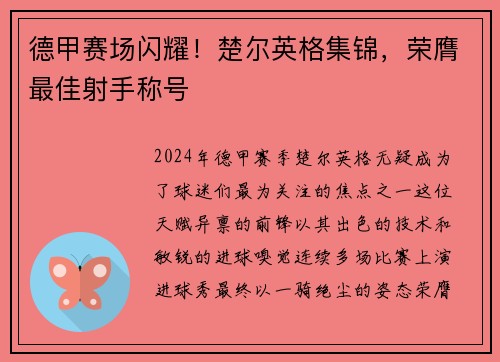 德甲赛场闪耀！楚尔英格集锦，荣膺最佳射手称号